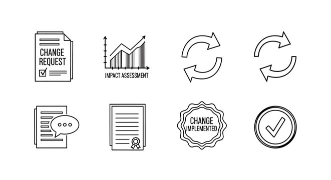 Line art icons depict business process change request, assessment, feedback, approval, and implementation