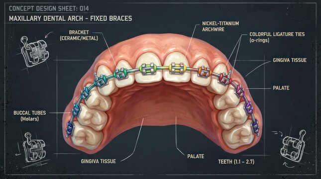 Detailed Dental Illustration of Maxillary Arch with Fixed Braces and Orthodontic Components.