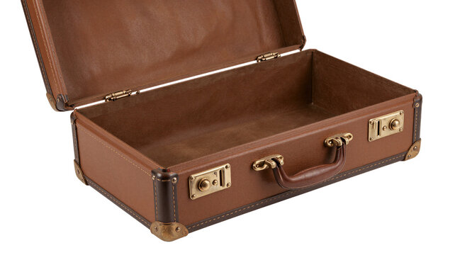 Vintage brown leather suitcase open and empty, isolated on a white background, classic travel luggage