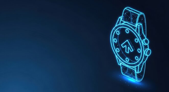 Futuristic digital watch interface with upward arrow symbolizing progress and technology