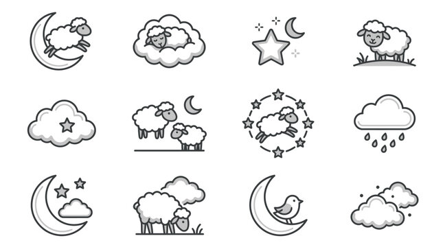 Sheep and moon bedtime story line icon collection.