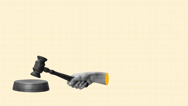 Hand banging wooden gavel in black and white pop art digital collage
