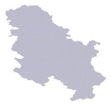 Serbia map outline created with small dark blue dots on a halftone dots map