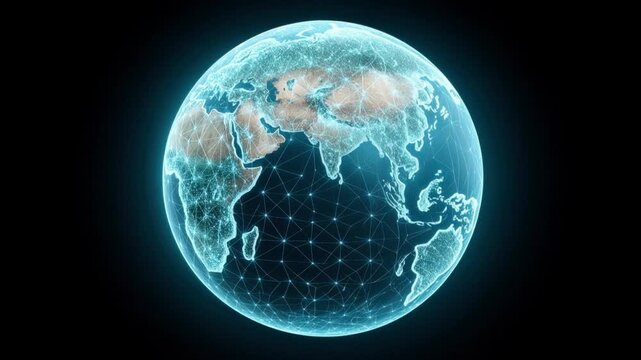 Digital globe showing continent of Africa with network connection points and glowing light effects representing global communication and technology concept