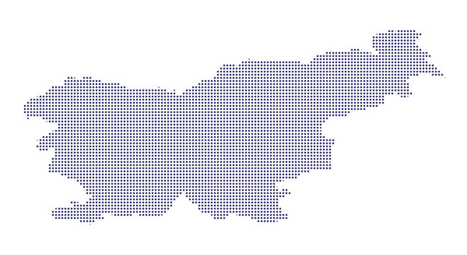 Slovenia map outline created with small dark blue dots on a halftone dots map
