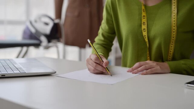 Fashion designer drawing sketches in atelier