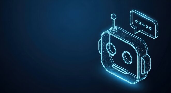 Futuristic robot illustration with neon blue glowing wireframe design on dark background