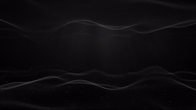 Abstract waves ripple across a deep black canvas. Tiny dots form flowing patterns that seem alive. Soft glow hints at motion, yet remains calm and silent. Ideal for tech, science