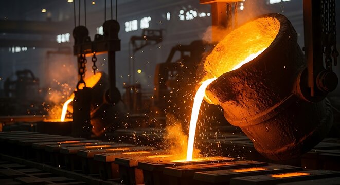 Molten metal pouring from large containers into molds in a factory setting
