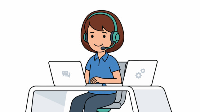Cartoon depiction of a happy person with a headset working at a desk with laptops
