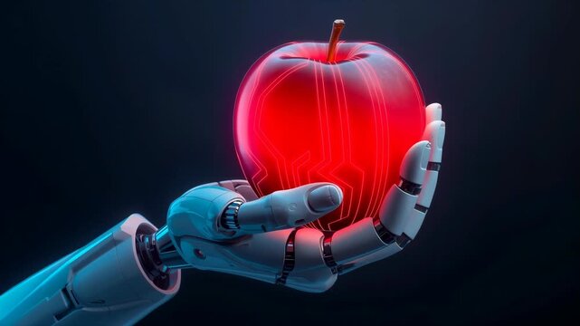 Robotic hand holds a red apple with visible circuitry patterns, transitioning from a natural to a digital representation in a dark, futuristic setting