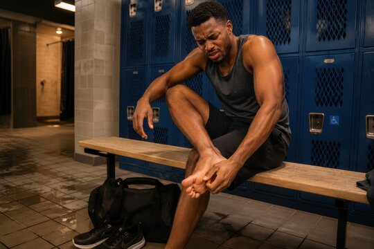 Athletes Foot Fungal Infection Young Man Scratching Itchy Foot in Gym Locker Room Tinea Pedis Symptoms Foot Fungus Discomfort Athlete Skin Condition Sports Hygiene Dermatology Lifestyle Editorial Phot
