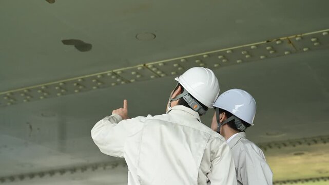 橋梁点検で指差し確認を行う30代と50代の作業員
