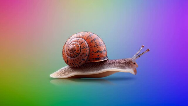 Snail with a spiraled shell slowly moves across a vibrant gradient background, showcasing its distinct features and smooth body in a continuous motion sequence