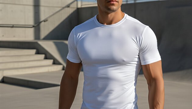 Athletic Hispanic man wearing a blank white compression shirt at a modern concrete sports park