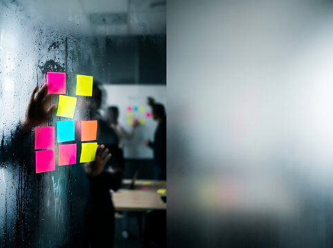 Hands placing colorful sticky notes on a frosted glass surface, representing collaborative brainstorming, innovative ideas, and strategic planning in a modern office setting