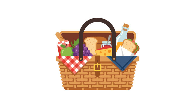 Wicker picnic hamper filled with fresh fruits cheese bread and juice