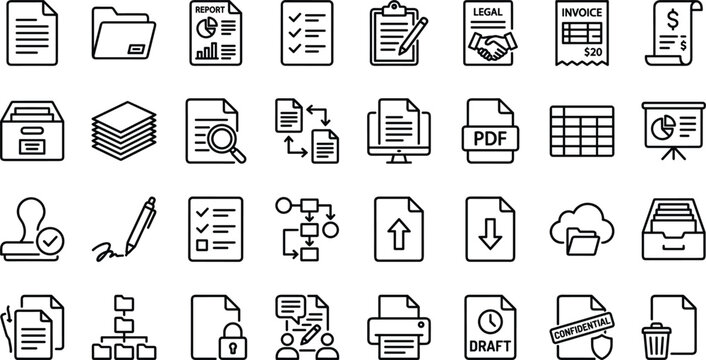 Set of flat design document and office icons with various functions