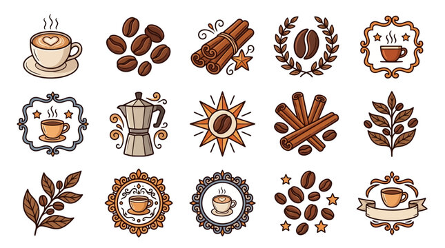 Set of hand-drawn coffee icons and decorative elements for cafe menu design.