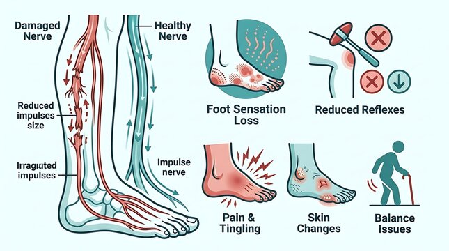 Symptoms of peripheral neuropathy and nerve damage medical diagram