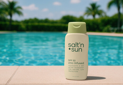 Sunscreen Mockup By Poolside With Palm Trees PSD