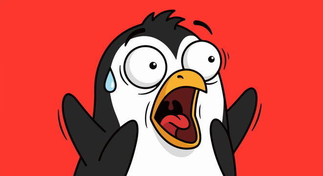 Cartoon style illustration of a funny penguin character looking extremely shocked and panicked with wide eyes and open mouth against a bright solid red background for a vibrant expressive design