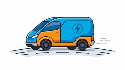 Fototapeta premium Cartoon electric van in blue and orange colors driving on a road