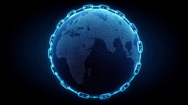 Digital globe of Earth with glowing chain links surrounding it representing global security and protection in futuristic technology design on dark background