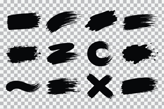 Collection of black grunge brush strokes and geometric shapes on with abstract isolated transparent collection charcoal splatter distressed creative handwritten watercolor
