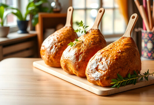 Three baked meat pates on wooden board with herbs