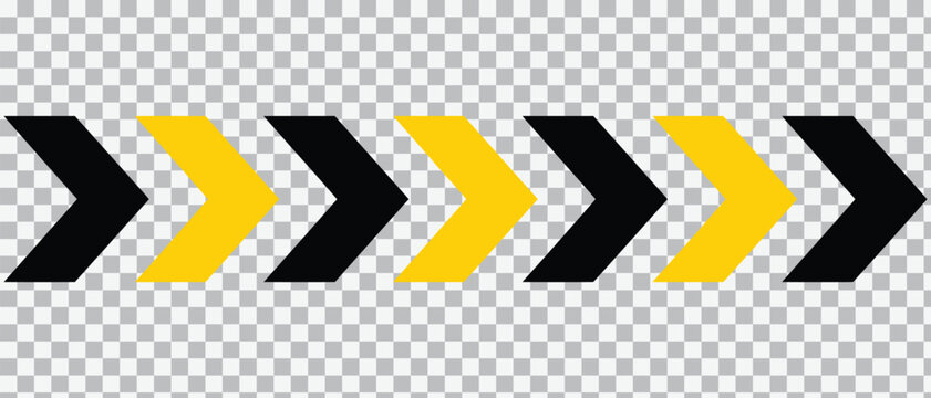Alternating yellow and black chevron arrow border with direction horizontal industrial abstract isolated attention navigation movement contrast vectorgraphic minimalist
