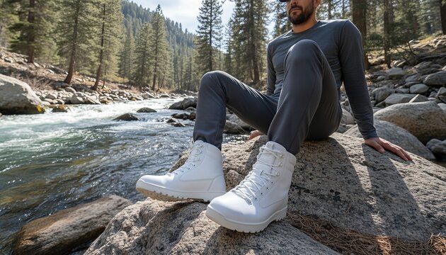 Athletic man wearing blank white hiking boots resting on a boulder near a mountain stream