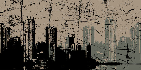Obraz premium Horizontal dark brown illustration industrial part of city with factories, refineries and power plants.
