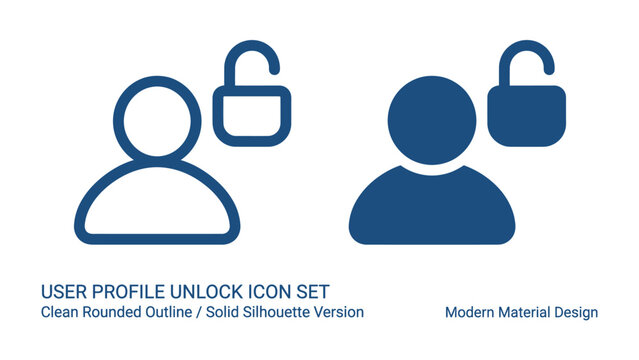 User Profile Unlock Icon Set: Clean rounded outline and solid silhouette versions of user profile icons with an unlocked padlock symbol, representing access and security in modern material design.