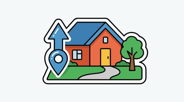 Cartoon house with a blue location pin and arrow in front