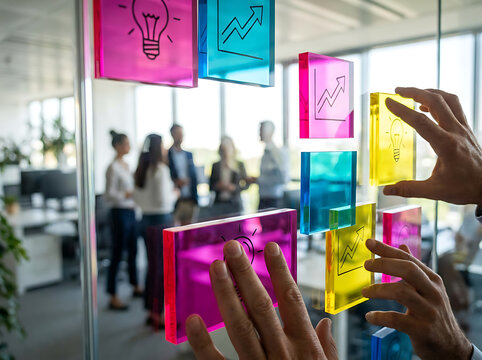 Professional Business Team Collaborating with Colorful Acrylic Strategy Planning Squares on Glass Office Wall