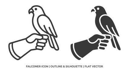 Falconer Icon Set: A striking set of icons depicting a falconer's gloved hand holding a majestic bird of prey, presented in both outline and silhouette forms. © Ajm