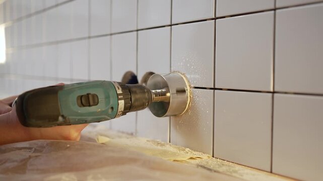 Professional tiler's hands drilling a circular opening in a white ceramic tiled wall using a cordless power drill and a diamond hole saw attachment for installing an electrical outlet