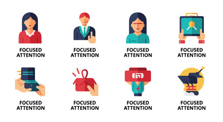 Fototapeta premium Diverse business professionals demonstrating focused attention on tasks and digital devices, using clean lines and a vibrant color palette for clear communication.