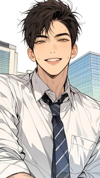 Anime Style Webtoon Illustrations of Handsome Athletic Men with Defined Abs in Casual Summer Outfits