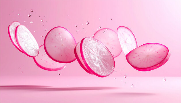 Hochwertige Studio-Produktfotografie von d&uuml;nnen Radieschenscheiben schwebend im Raum, monochrome pastellrosa Farbpalette, einfarbiger matter rosa Hintergrund, weiche Schatten