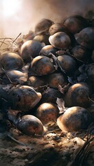 Fototapeta premium Forgotten Valor A Somber Watercolor Scene of Military Helmets and Lost History