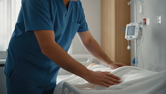 Compassionate male caregiver in blue scrubs gently adjusting a pediatric hospital blanket for a resting child in a bright modern ward