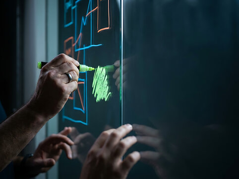 Collaborative professionals designing intricate plans and visualizing data on a luminous digital board, using colorful markers to strategize, innovate, and drive project development