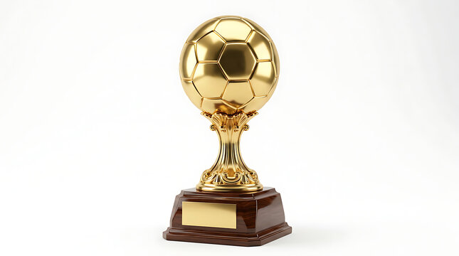 Golden soccer trophy awarded to winner on wooden base with plaque