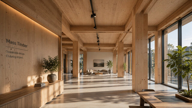 Modern interior design in a mass timber building in the afternoon sun with plants and couches for relaxation