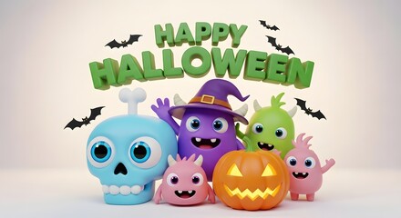 Fototapeta premium Happy halloween with cute monsters and jack o lantern
