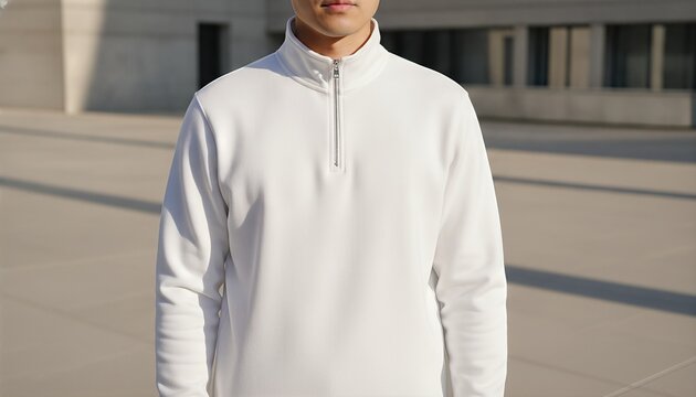 East Asian man wearing a blank white quarter zip sweatshirt in a minimalist concrete courtyard