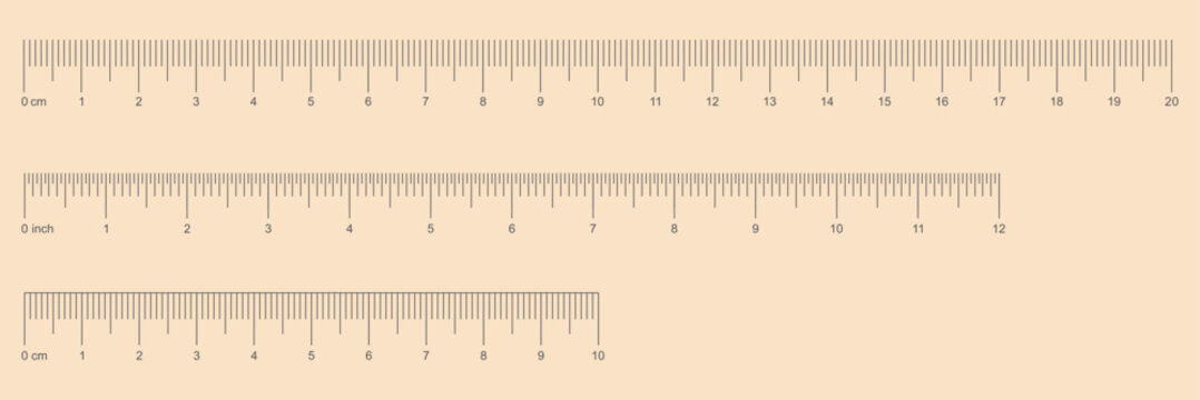 Measuring scale set. Ruler for comparing sizes of Inch, metric rulers. Measuring tool. Ruler 20cm, 12inch. Grid cm, inch. Metric Centimeter, inch size indicator. Markup for rulers in different scales.