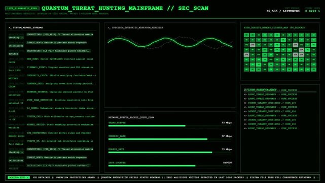 Quantum Threat Hunting Mainframe Memory Cluster Spectrum Waveform Dashboard Animation Green Loop.